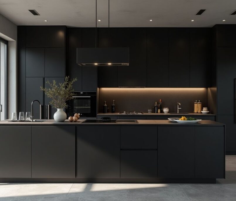 Elegant black modern kitchen with innovative storage solutions.