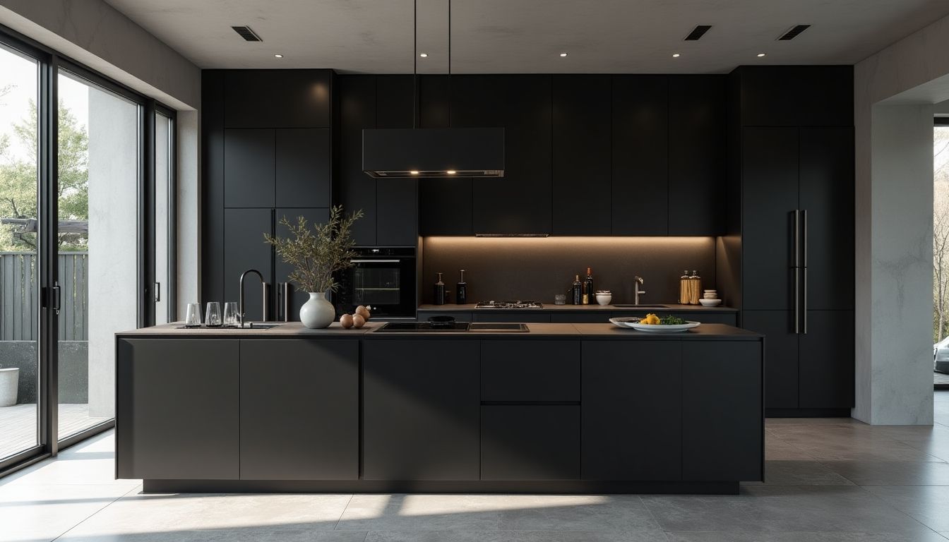 Elegant black modern kitchen with innovative storage solutions.