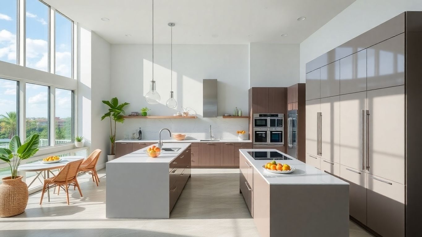 Modern open-concept kitchen with vibrant coastal decor.