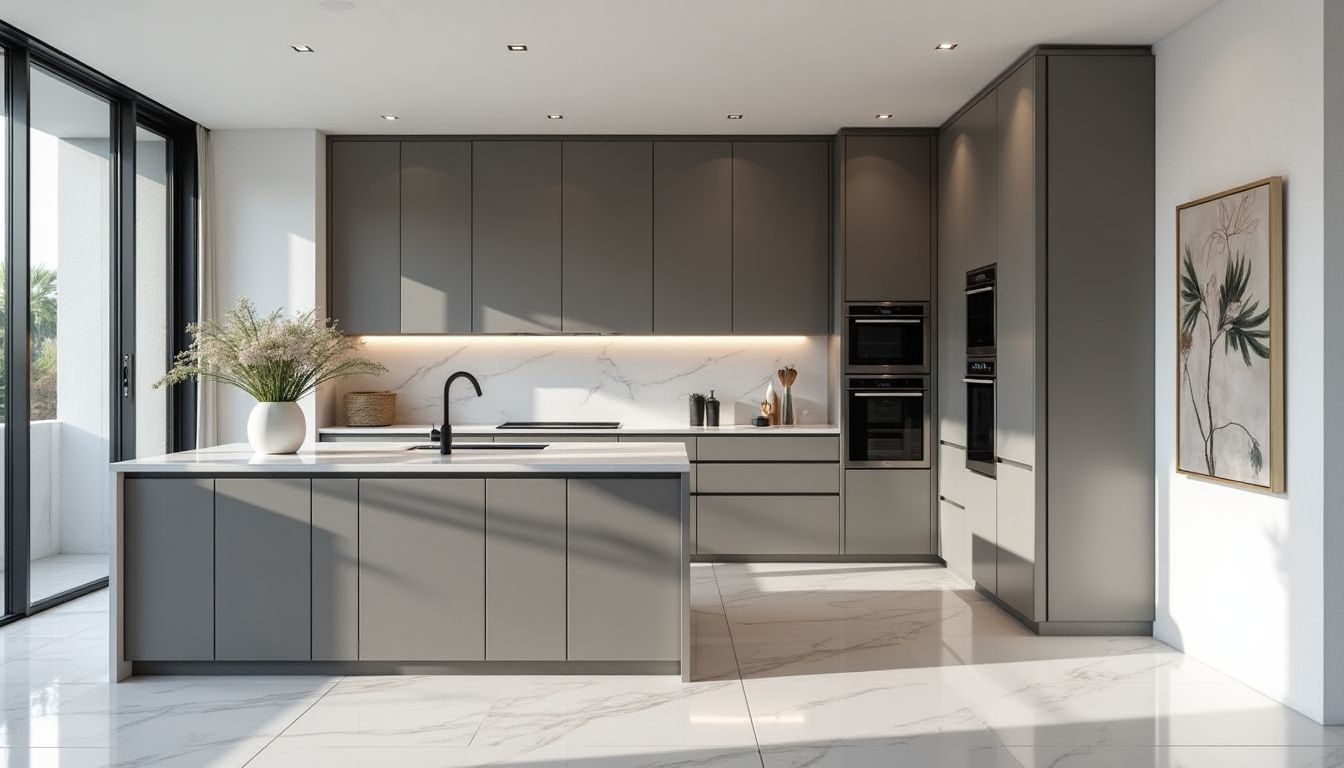 Luxury modern grey kitchen with elegant cabinetry.