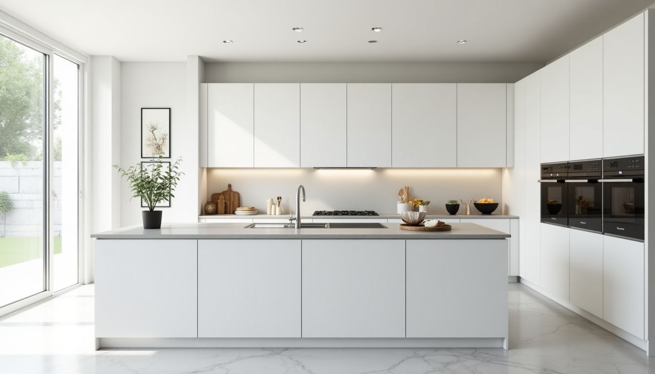 Modern white kitchen with sleek cabinetry and island.