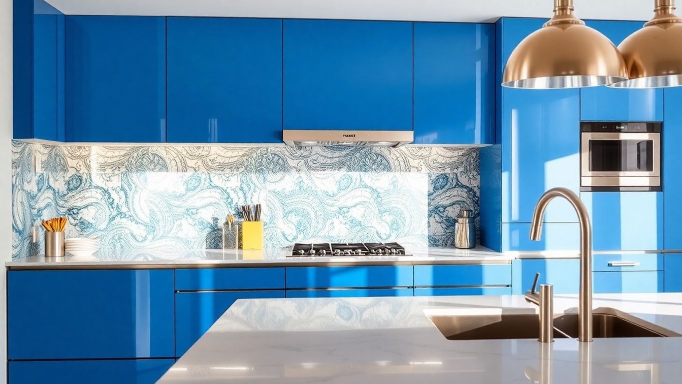 Modern kitchen with textured backsplash and sleek cabinetry.