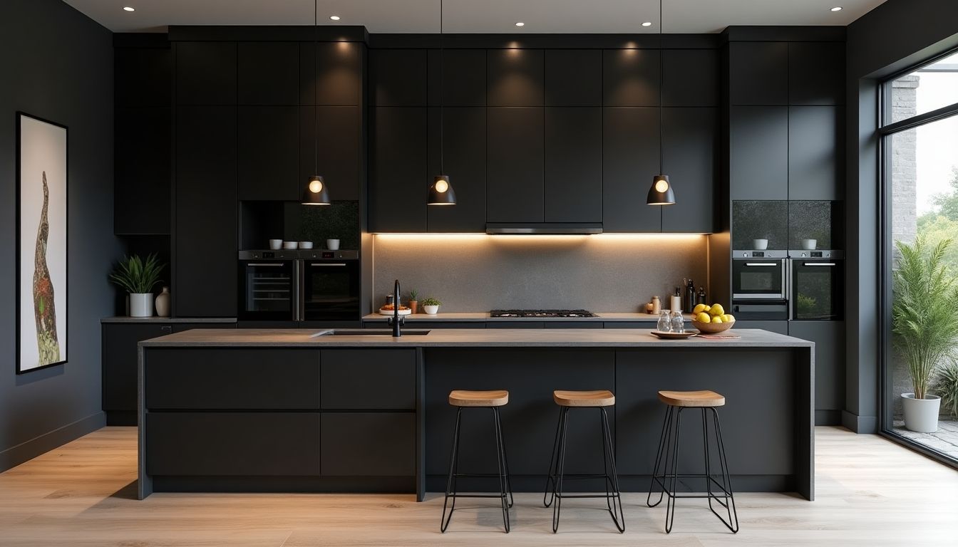 Stylish black modern kitchen with elegant design elements.