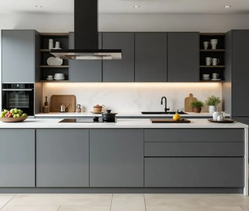 Modern grey kitchen with sleek design and functional layout.