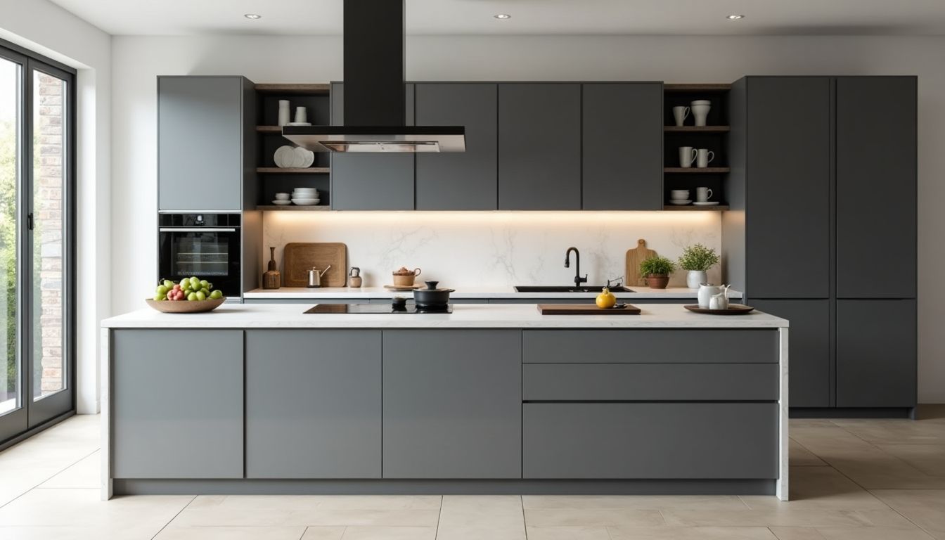 Modern grey kitchen with sleek design and functional layout.