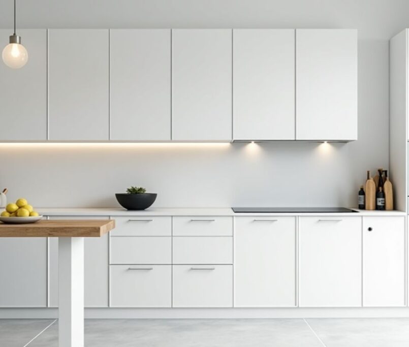 Modern kitchen with sleek white custom cabinet doors.