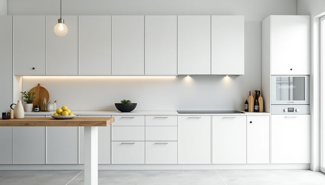 Modern kitchen with sleek white custom cabinet doors.