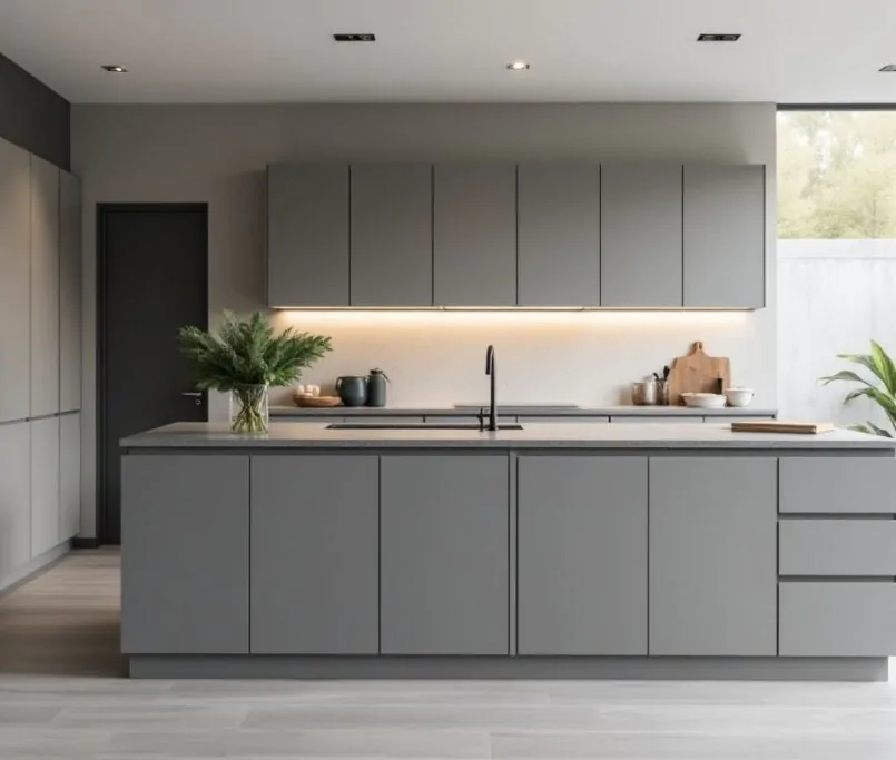 Modern grey kitchen with sleek design and elegant lighting.