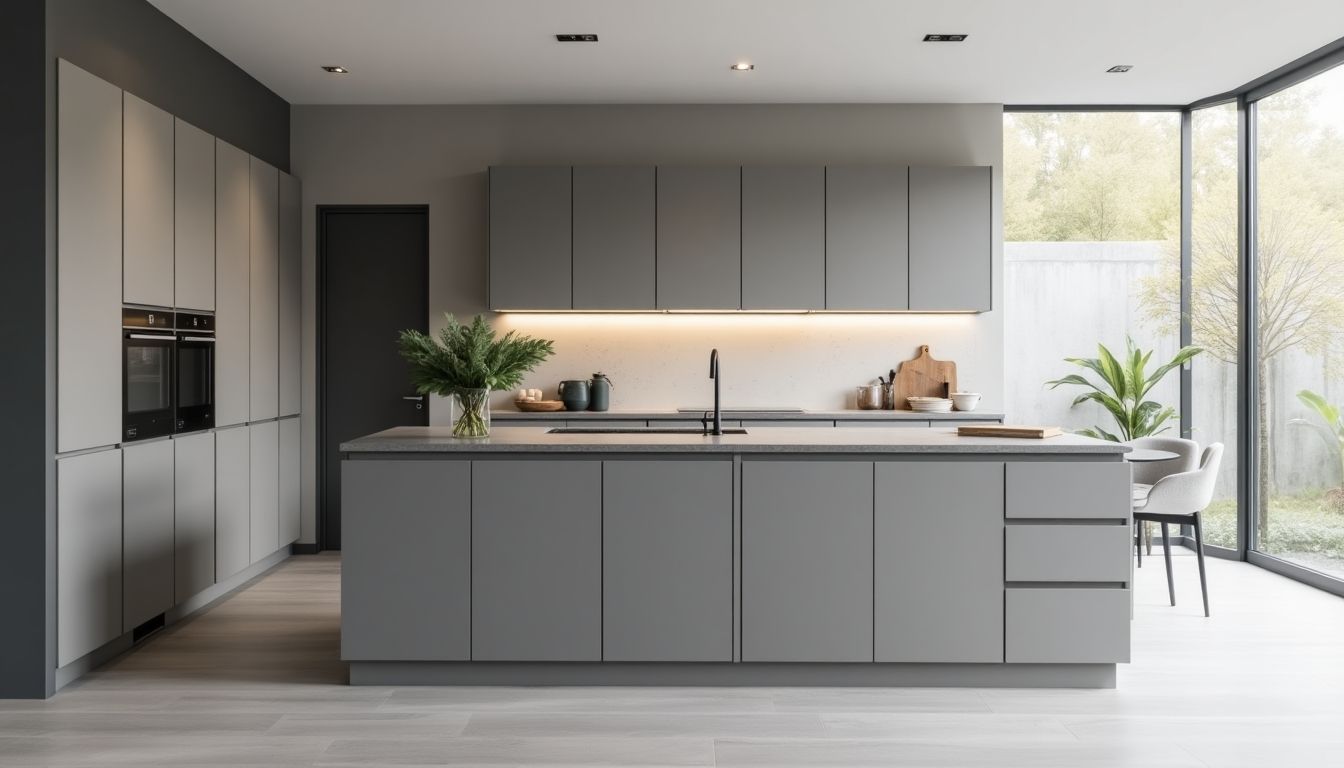 Modern grey kitchen with sleek design and elegant lighting.