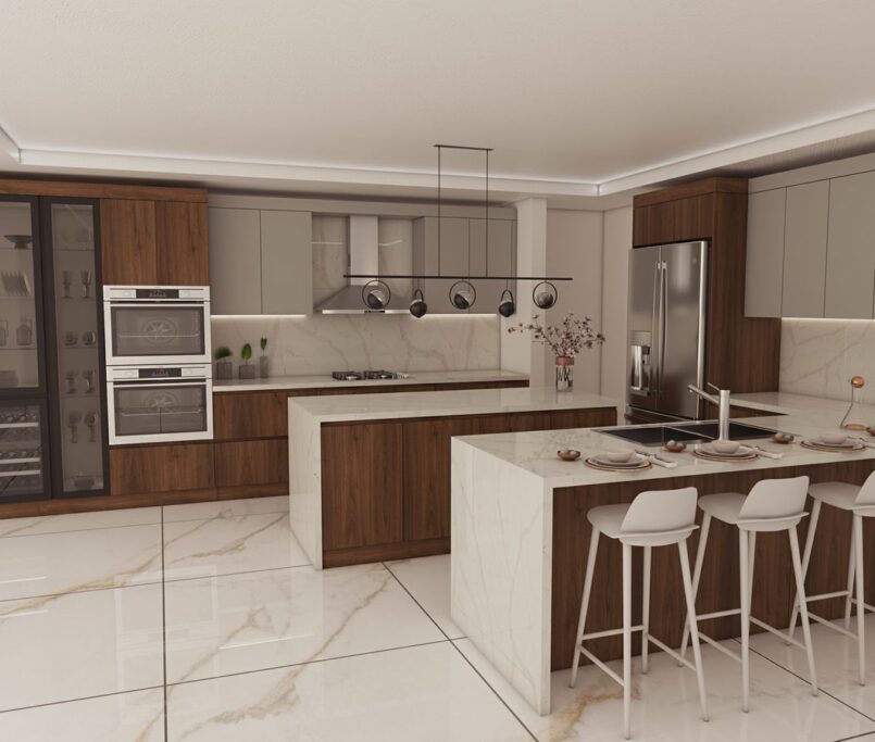 Modern kitchen with sleek cabinets and elegant marble countertops.