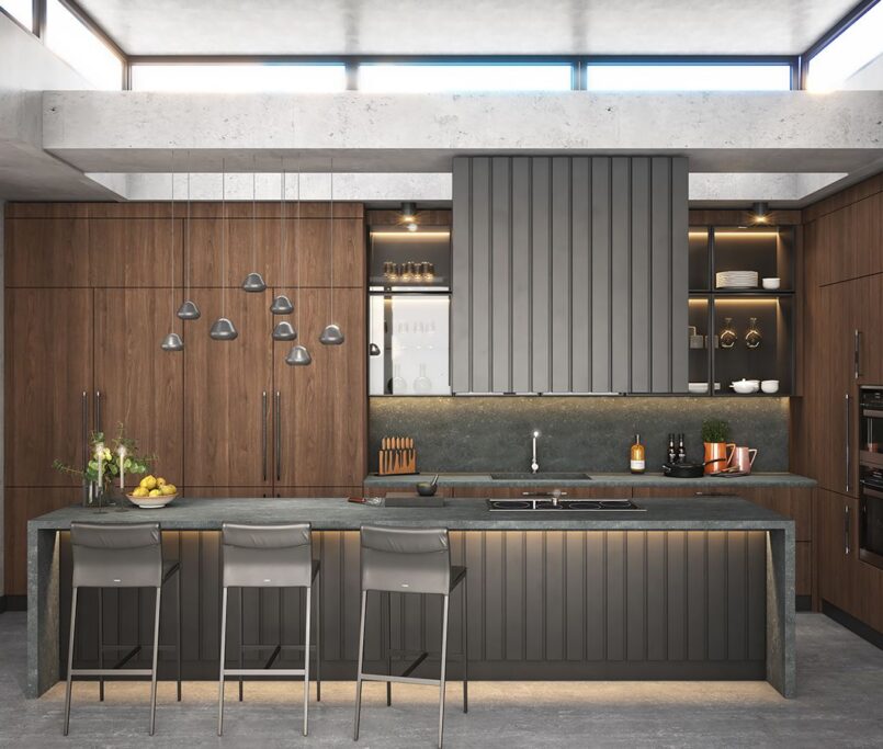 Modern kitchen design featuring wood cabinetry and sleek appliances.
