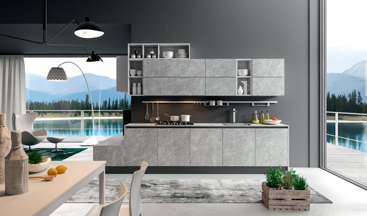 Modern kitchen with gray cabinets, large windows, and scenic view.