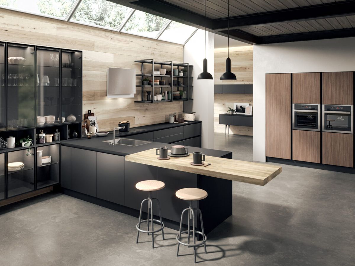 Modern kitchen design featuring sleek cabinetry and wooden accents.